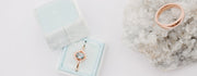 Rose gold Engagement ring with a heart-shaped gemstone on a white surface