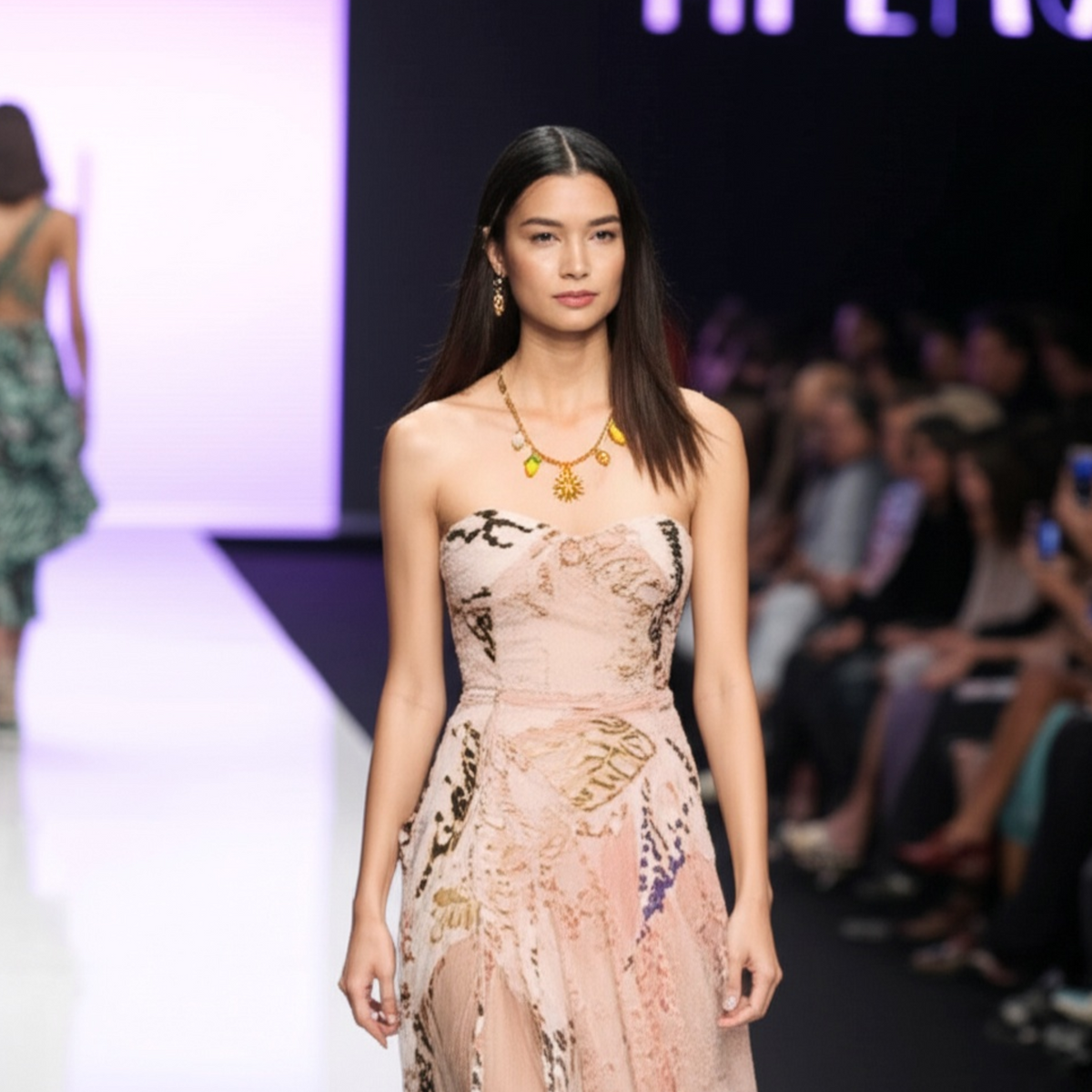 Model walking on a fashion show runway wearing a Coastal Chimes necklace by Sezelini.